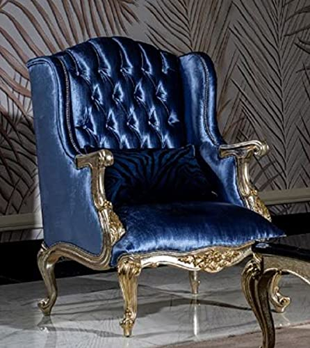 Casa Padrino Luxus Barock Ohrensessel Blau/Silber/Gold - Handgefertigter Wohnzimmer Sessel mit dekorativem Kissen - Barock Wohnzimmer Möbel