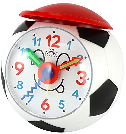 MPM - Réveil de Football Souriant pour Enfant en Forme de réveil avec Capuchon Rouge et Alarme amplifiante. Quartz - Tremblement, Plastique, 1 Pile Crayon AA, 100 x 100 x 100 mm, renforcement de