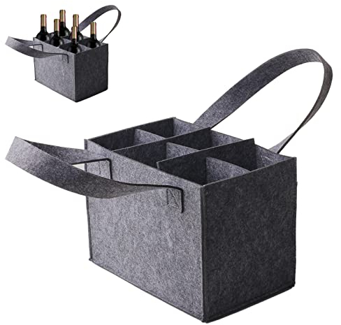Gtwinsone Flaschentasche Filz 6 Flaschen Flaschenträger Filztasche Waschbar Wiederverwendbar mit Abnehmbaren Trennwänden für Bierflaschen Weinflasche (25x18x16cm, Grau)