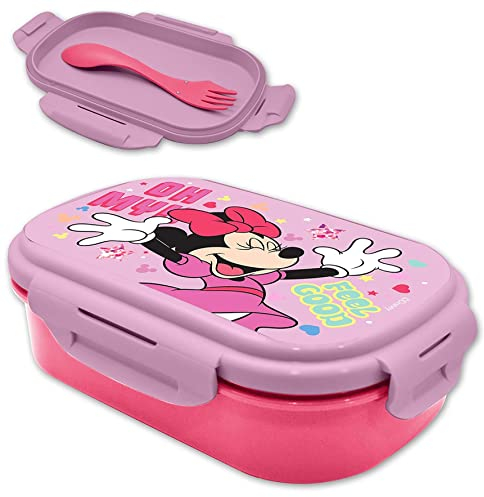 Minnie Mouse Rectangular Lunch Box Spork Two Compartment Lunchbox Leak Proof Microwave Safe BPA Free Food Container Suitable Kids Travel School Nursery Picnic 3+ Years | 20cm