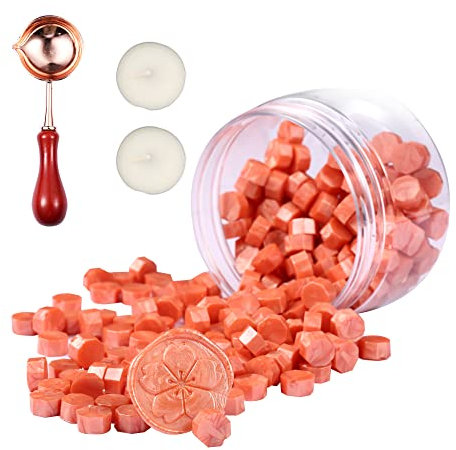 Comealltime 248 Stück Siegelwachs Set, Achteckige Siegelwachsperlen mit 2 Teelichtern&1 Schmelzlöffel, Siegellack für Wachssiegel Stempel(Orangerot)