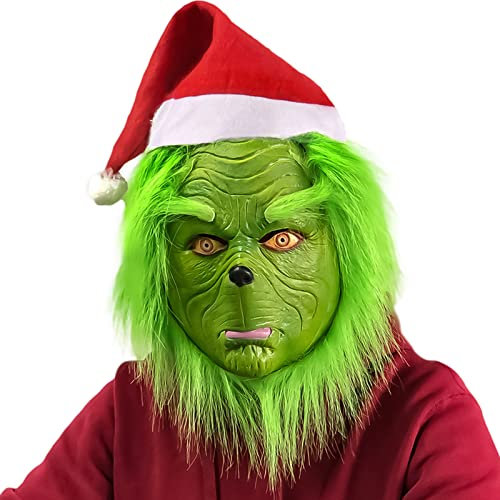 MULEVIP Grinch Maske Erwachsene,Grinch Kostüm,Grinch Maske,Weihnachten Kopfbedeckung Latex Performance Requisiten(Pelzige Grüne Weihnachtsmannmaske + Rotem Hut)