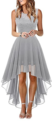Onsoyours Robe de Cocktail Femme Longue Robes Soirée en Dentelle Mousseline de Soie Robes Chic Elégant sans Manches Sexy Robe Asymétrique B Gris 3XL