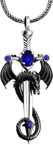 DGP Herren Halskette Drache mit Schwert Anhänger (Blau), Sterling Silber, Silberfarben