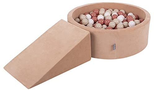 KiddyMoon Velvet Aire De Jeux en Mousse avec Rond Piscine À Balles pour Enfants (200 Balles), Rose des Sables: Beige Pastel/Saumon/Blanc