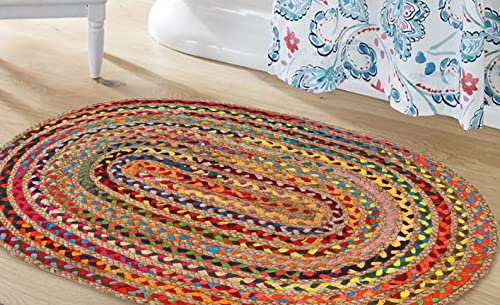 HOMIDATE Jute-Teppich, oval, geflochten, eng geflochtener Chindi- und wendbar, langlebig, nachhaltig, für Schlafzimmer, Bodenteppich, Jute-Küchenteppich, 61x91,4 cm, mehrfarbig