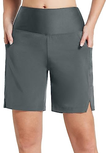 baleaf Badeshorts Damen Lang Knielang Schnelltrocknend Badehose UV Schutz UPF 50+ Schwimmhose Hohe Taille Boardshorts mit Innenslip und Taschen Grau XL