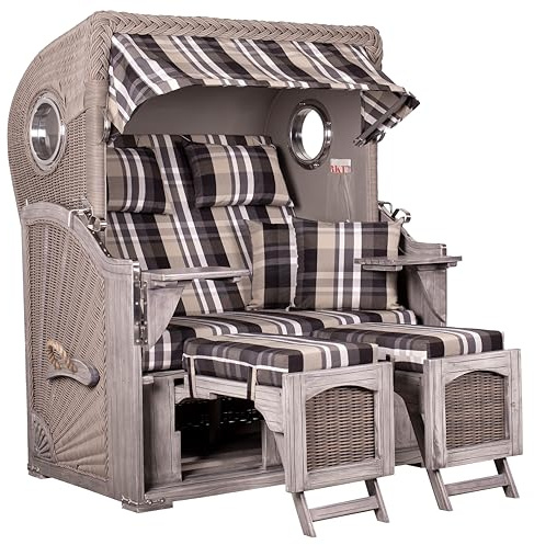 MR. DEKO® Strandkorb Düne Mahagoni Washed Grey 2-Sitzer Bullauge | PE Geflecht Koboo Grey | Volllieger verstellbar | Strandkörbe fertig montiert | mit Fußablage & 4 Kissen Wechselpolster | Dessin 583
