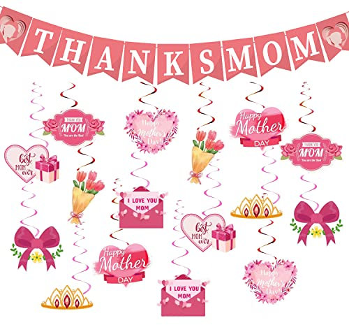 33 Stück Muttertag hängende Wirbel Dekorationen Glitzer Rosa Muttertag Folie Wirbel Deckendekorationen für Danke Mama Banner Muttertag Party Dekorationen