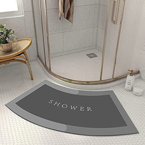 DASJD Curved Bath Mat, Soft Diatomite Corner Shower Mat Outside Shower Absorbent Fan-Shaped Bathroom Rug for Quadrant Shower Stall And RV Bathroom, Washable,gray,40x75cm