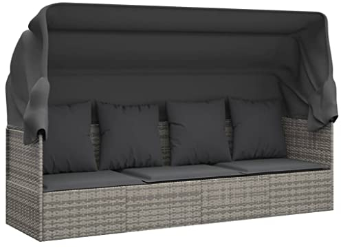 vidaXL Outdoor-Loungebett mit Dach und Kissen Grau Poly Rattan