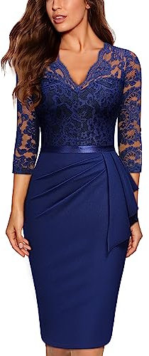 MIUSOL Women's Vintage Lace V-Neck 3/4 Sleeves Cocktail Party Formal Wedding Guest Work Bodycon Dress (X-Large, Navy Blue)