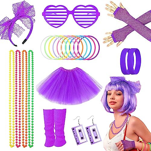 mefound 80s Fancy Dress Costume Accessories Se for Women Rainbow Tutu Skirt Leg Warmers Fishnet Gloves Glasses Earrings Bracelet Necklace Headband, Retro Outfit for 80s Party, Dress up Day