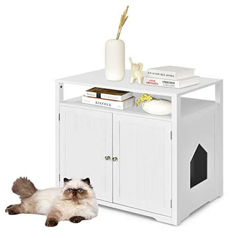 Maxmass Cat Litter Box Enclosure, Wooden Privacy Kitty Washroom with Adjustable Interior Divider, Open Compartment, 2 Doors and Side Entrance, Hidden Cat Toilet Cabinet for Living room, Bedroom