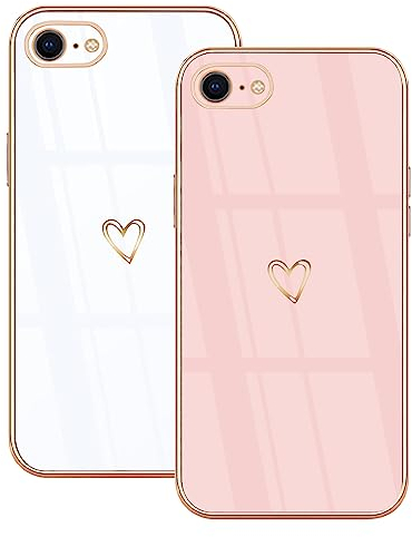 Lonrapa 2 Pièces Coque pour iPhone 8 / iPhone 7 Coeur Amour Motif TPU Galvanoplastie Anti Rayures Coque Protection Silicone Case iPhone SE 2022 / iPhone SE 2020 Housse Antichoc Cover - Blanc et Rose