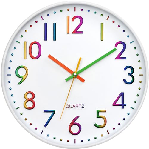 VINILITE Kinder Wanduhr ohne Tickgeräusche 30cm Bunt Zahlen Modern Quartz Lautlos Wanduhr Batteriebetrieben für Kinderzimmer, Küche, Wohnzimmer, Schlafzimmer, Büro (Stereo-Digital - Weiß)