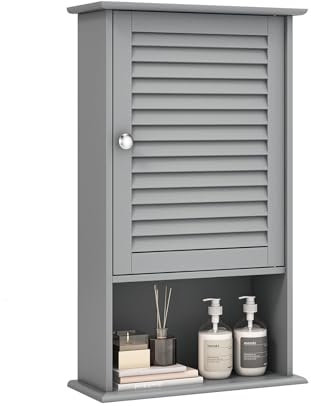 GIANTEX Armoire de Salle de Bain Murale avec Une Porte, 2 étagères réglables et Compartiment Ouvert, Armoire en Bois à 3 Niveaux, Meuble Polyvalent pour la Salle de Bain, Cuisine, entrée (Gris)