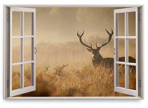 Paul Sinus Wandbild 120x80cm Fensterbild Hirsch Graslandschaft Nebel Morgentau Natur