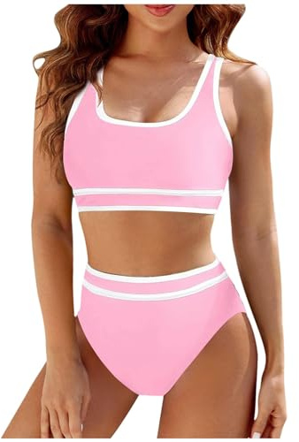 Maillot de Bain Bikini Femme 2 Pièces Amincissant Rayures Maillot de Bain Femme Débardeur Brassière avec Short de Plage Taille Haute Sport Natation Piscine Vacances (XL, Rose-1)