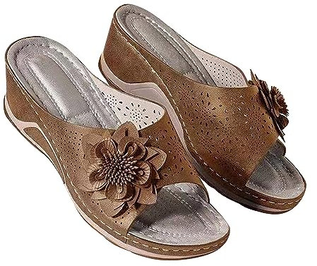 Scarpe basse casual da donna Scarpe alla moda 2024 Sandali con zeppa per le donne Bocca di pesce Punta aperta Moda Casual Estate Sandali Slide Scarpe da corsa per piedi piatti Donna, Marrone, 40 EU