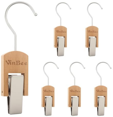 Vinbee 6 PCS Hooks with Clips for Hanging,Wooden Laundry Hooks Hanging Clips Hook,Clothes Pins with Hook,Wooden Closet Organizer Clamps Clothes Clip Laundry Clip with Hook for Pants Hats Socks Gloves