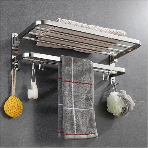 Porte - Serviettes de Salle de Bains en Acier Inoxydable non perforé Meuble de Toilette (Blanc argenté,Tube carré Pliant 70cm)