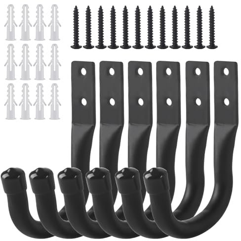 ALAHUGYEF 6 Pcs Gancho Pared de Garaje Resistentes, Gancho Bicicleta Ganchos para Colgadores de Pared Negro, Soporte Ganchos en J para Herramientas de Jardín Eléctricas