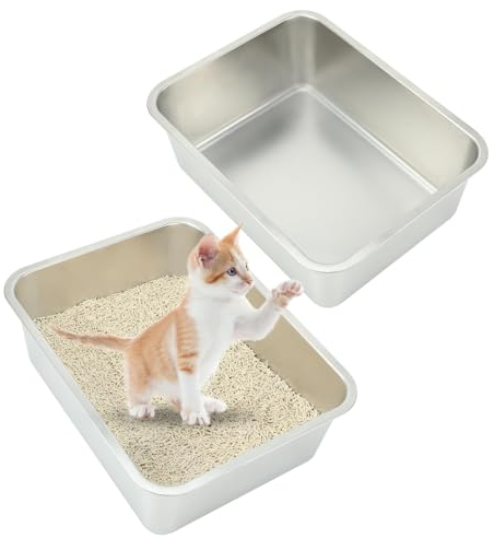 RANYPET Katzentoilette Edelstahl für Kätzchen 2 Stück, Edelstahl katzenklo für Katzen und Kaninchen, Katzenklo offen, Leicht zu Reinigen Niemals Gerüche, Fleckfrei, Rostfrei, Robuste(45×35×15cm)