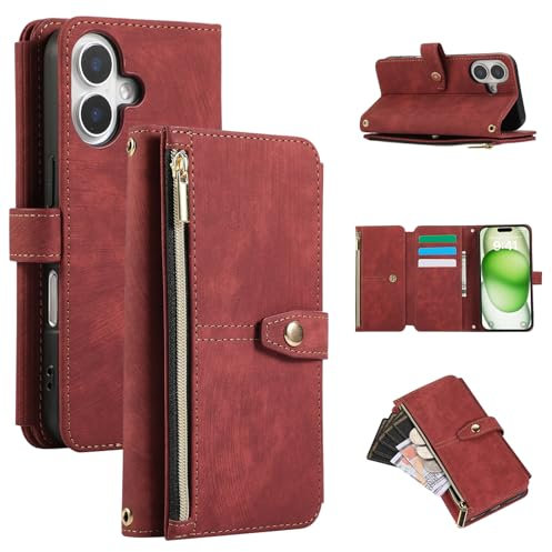 UEEBAI Wallet Case for iPhone 16 6.1, 9 Card Slots Retro Leather Wallet Shockproof Flip Cover with Hand Strap Card Slots Zipper Pocket Kickstand Handbag Magnetic Closure - Red