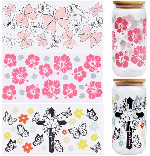 SOFPLATE 1 Box 6 Bögen 3 Stile UV TDF Becherfolie Transfer Becherfolien In Großpackungen Süße Schmetterlings Blumen UVDTF Transferaufkleber Wasserfeste Abziehbilder Für Glasbecher Trinkgläser Wasserfl