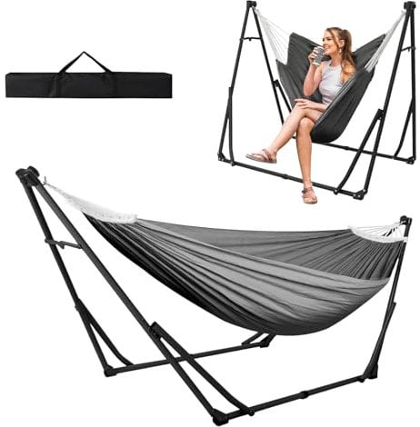 OKSTENCK Multifunctional Hammock Chair Set with Folding Stand, Dual Use Portable Hammock Chair Stand Set for Indoor and Outdoor Use, Max. Load Capacity 200 kg, Grey