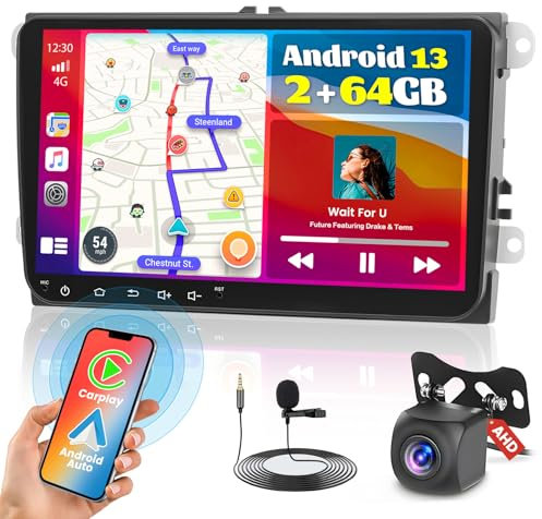 Fuluku 2+64G Android Radio per VW Golf 5 6 Polo Passat Touran Tiguan T5 Trasporter Caddy Carplay Inalámbrico Android Auto, 9'' Pantalla táctil Radio coche WiFi/GPS/Bluetooth/FM/Cámara de seguridad/Mic