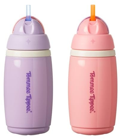 Tommee Tippee Insulated Active Straw Cup, 266ml, Spill-Proof Toddler Water Bottle for 12 Months+, Flip Lid Helps Keep Straw Clean, Pink and Purple, 2 pack