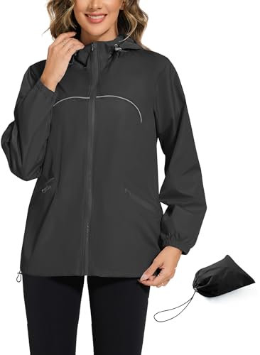 Rapbin Damen Regenjacke Wasserdicht Leicht Regenmantel mit Reflektorstreifen und Kapuze Dünne Packbar Reisen Fahrrad Windbreaker für Outdoor-Aktivitäten(Schwarz,S)