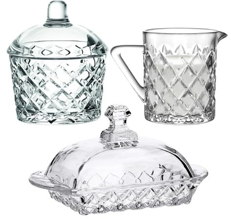 SOLAVIA Clear and Transparent Glass Sugar Bowl Dish and Milk Jug Creamer Buter Dish Set 210ml and 200ml Home Kitchen Breakfast and Breakfast Student Essential Caro