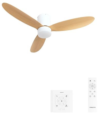 CREATE / WIND LITE/Ventilador de techo con luz madera clara con controlador pared y mando / 40W, Silencioso, Ø132 cm, 6 velocidades, programable, función verano-invierno, luz led 3 temperaturas