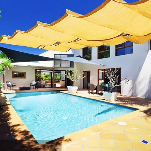 Pool Shade Sails, Retractable Waterproof Wave Sun Shade Canopy Pergola Cover with LED Lights Strip, Outdoor Patio Awning for Porch Garden Deck Backyard, Beige(1.5 x9m)