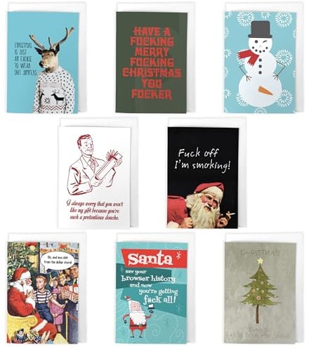 Artery8 Funny Rude Christmas Cards Set of 8 - A6 Size - Adult Humour Cheeky Xmas Designs