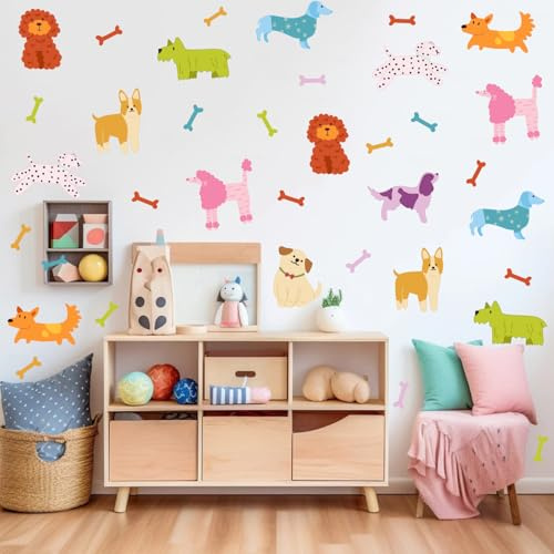 MXAEUK Colorful Pet Dogs Wall Decal,Lovely Dog with Bone Vinyl Wall Stickers, Gift for Dog Lover, Removable Animal Artwork for Kids Bedroom Playroom Pet Shop Decor