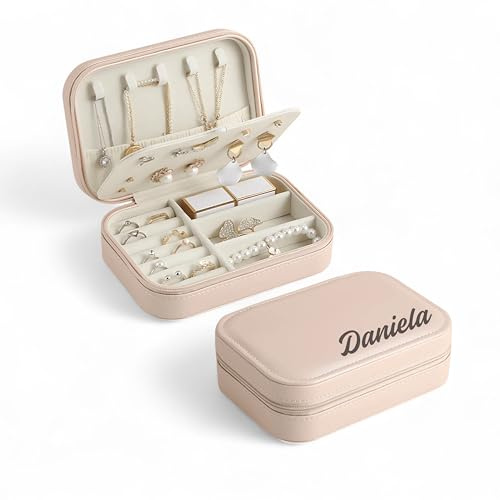 Personalisierte Schmuckkästchen mit Namen, PU-Leder, Reißverschluss, Personalisierbare Schmuckschatulle Frauen, Mädchen, Schmuckkasten Reise personalisiert, 16 x 12 x 6 cm (Rosa)