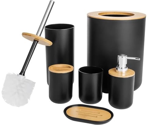 GREENSAPPIRE Bathroom Accessories Set - 6-piece Modern Bathroom Bin And Toilet Brush Set - Includes Trash Can Toilet Brush Toothbrush Holder Soap Dispenser Soap Dish and Mouthwash Cup (Black)