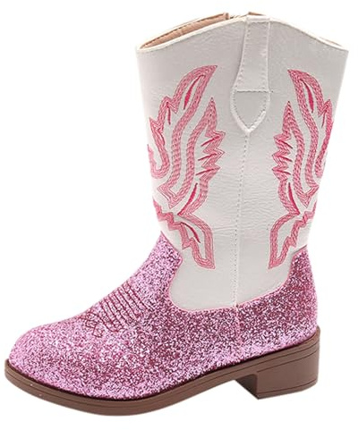 Girls Mid Calf Cowboy Boots,Sparkly Glitter Cowboy Western Mid Calf Boots Little Kids Round Toes Low Heel Zipper Party Birthday Dress Boot Riding Shoes Fashion Stylish UK Footwear