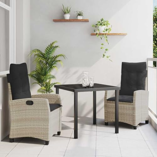Runheo Garten Essgruppe 3-teilig, Hellgrau Poly-Rattan, mit Glastisch, verstellbaren Stühlen, für Balkon, Terrasse, Outdoor-Möbel