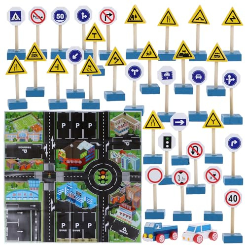 Veemoon Ensemble de 33 Blocs de Panneaux de Signalisation Routière en Bois 2 Petites Voitures 1 Carte, Éducatif pour Garçon et Filles, Couleurs Vives, Format Compact, Simulation