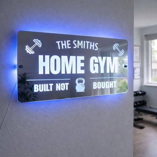 Personalised LED Gym Mirror Sign – Custom Home Gym Wall Light – Multi Colour LED with Remote – Man Cave, Garage Gym & Fitness Room Decor