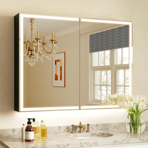 S'bagno Spiegelschrank Bad Mit Beleuchtung 60x80cm, Badezimmer Spiegelschrank, Aluminium Alibertschrank Bad, Entfoggen, 3 Farben, Dimmbar, Speicherfunktion, HD Gehärtetes Glas, IP44, Schwarz