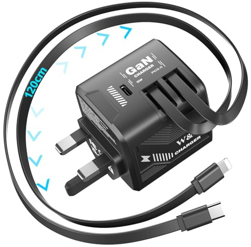 60W Retractable Charger, GaN Fast Charger Built-in Dual Retractable Cables | 3 in 1 USB C Phone Charger Wall Plug UK with 1.2m USB C & Lightening Cables for iPhone17/16/15, iPad, Galaxy S25/S24/S23, etc