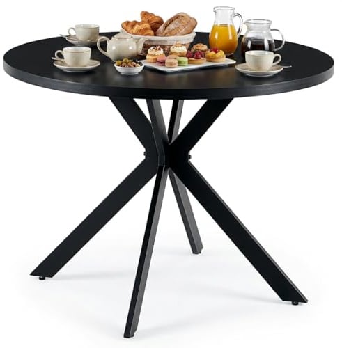 ZZINOKE Esstisch Rund 100cm, Küchentisch mit Schwarz Tischbeine, Verdickter Desktop,geeignet für Esszimmer, Wohnzimmer, Küche, Esstisch Rund Holz für 4-6 Personen, Schwarz, 100x100x75cm
