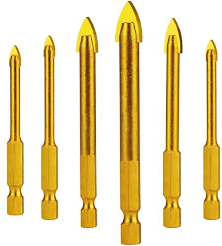 Punta Vetro HTBAKOI Punte Trapano per Bucare Vetro Ceramica Piastrelle Cristallo in Acciaio di Tungsteno con Codolo Esagonale Rivestimento in Titanio Set di 6 Pezzi 3mm 4mm 5mm 6mm 8mm 10mm