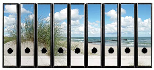 codiarts. Ordnerrücken selbstklebend | Etiketten Set für 9 breite Ordner | gestantzt mit Griffloch | Rückenschild breit | Düne Strand und Meer